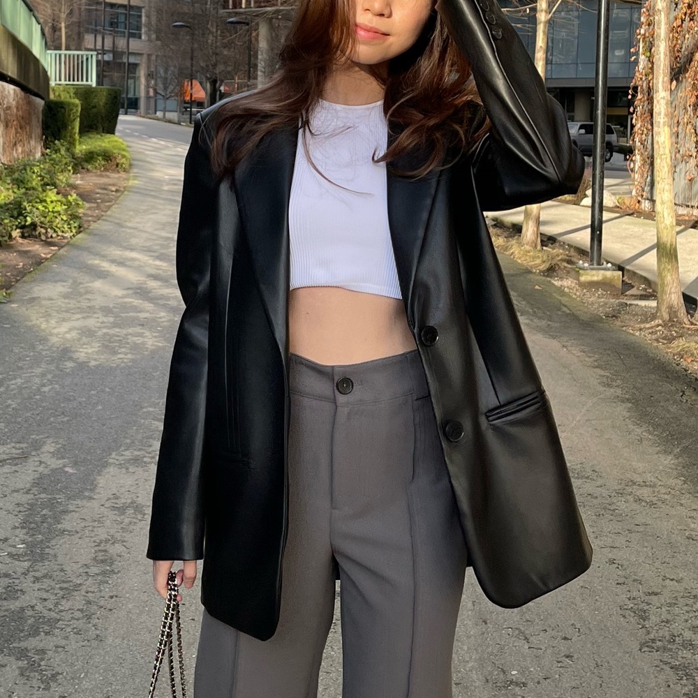 Zara Black Leather-Look Blazer with Gray Pants